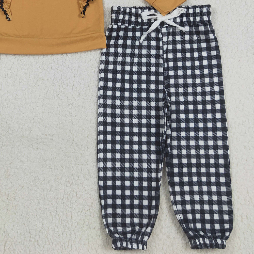 RTS NO MOQ (In stock)GLP2445 Baby Girls Winter Outfits Embroidery Hat Pumpkins Baby Girls Ruffle Shirt Black Plaid Pant Halloween Set