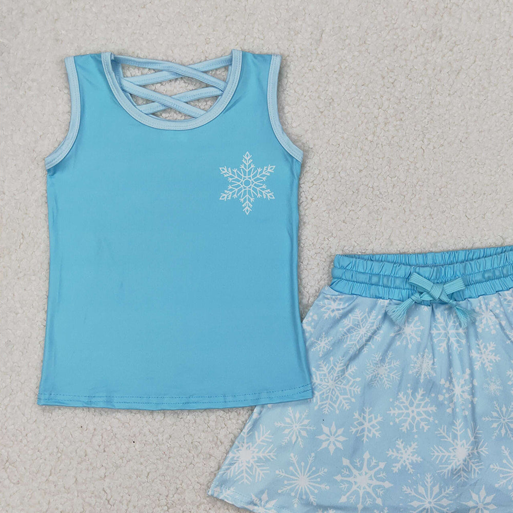 4.07 GSD2074 RTS NO MOQ Baby Girls Summer Outfits Light blue sleeveless snowflake top skirt princess girls clothes