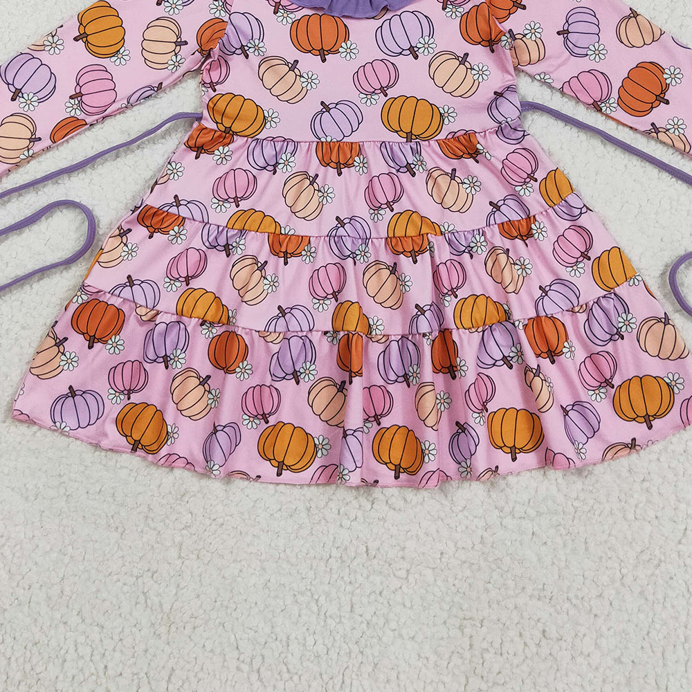 8.22 RTS NO MOQ (In stock)GLD1032 Baby Girls Winter Dress Baby Girls Pink Flowers Pumpkins Fall Knee Length Dresses With Belt