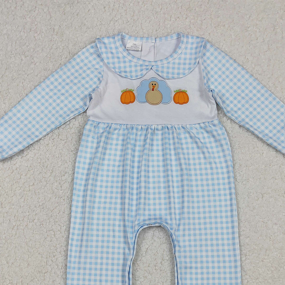 RTS NO MOQ (In stock)LR2561 Baby Boys Winter Rompers Embroidery Pumpkins Turkey Baby Infant Thanksgiving Fall Footed Rompers