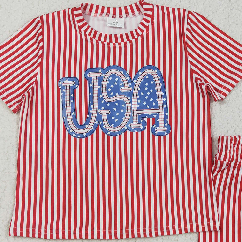 7.02 GSSO2577 RTS NO MOQ Baby Girls Summer Outfits Baby Girls Red Stripe USA Top Short 4th Of July Pajamas Set