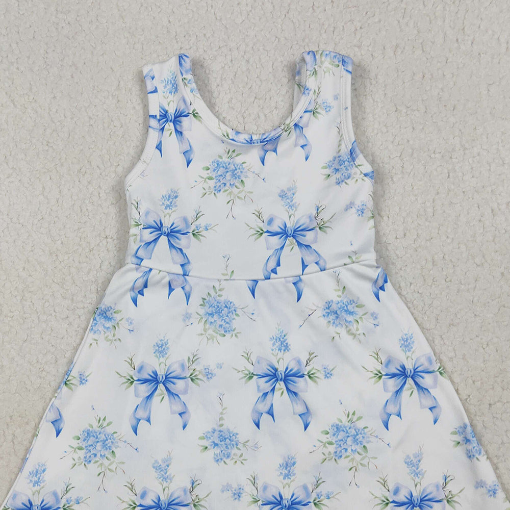 7.10 GSD2587RTS NO MOQ Baby Girls Summer Yoga Dress Baby Girls Blue Bows Floral Activity Wear Yoga Short Skort Knee Length Dresses