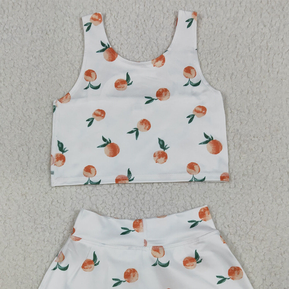 RTS NO MOQ (In stock)GSD2738 Baby Girls Yoga Outfits Baby Girls Summer White Peach Top Skirts Active Wear Clothes Sets