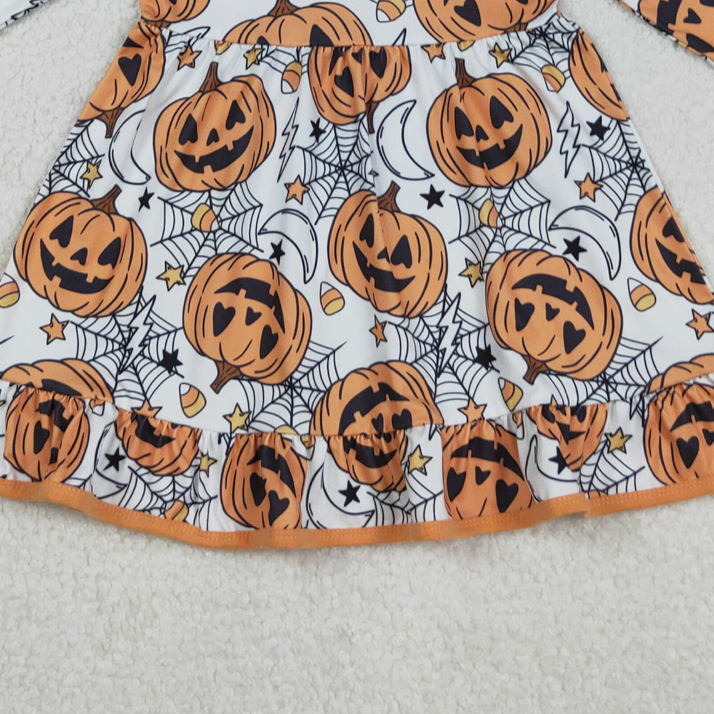 RTS NO MOQ (In stock)GLD1258 Baby Girls Winter Dress Halloween Ghost And Pumpkins Ruffle Knee-Length Dresses