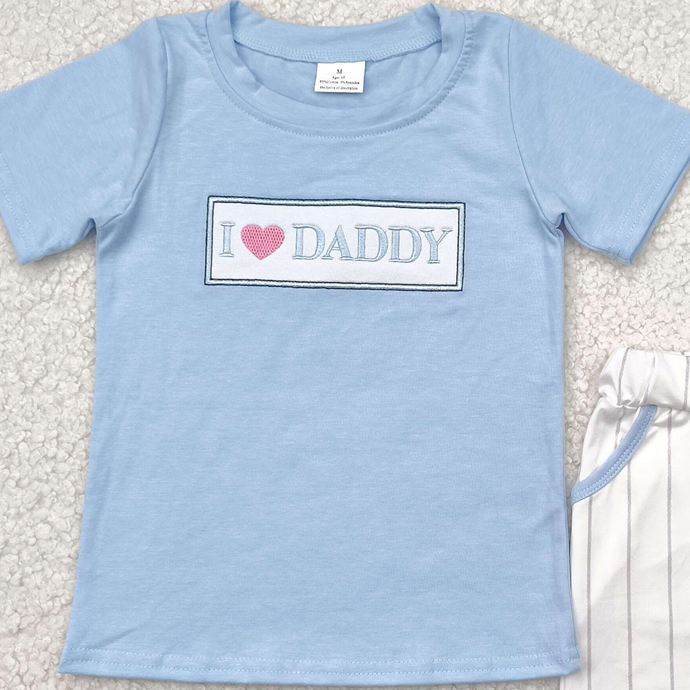 7.19 BSSO1434 RTS NO MOQ Baby Boys Summer Boys Outfits Embroidery Baby Boys Blue Short Sleeves I LOVE DADDY Top Stripe Pockets Short Set