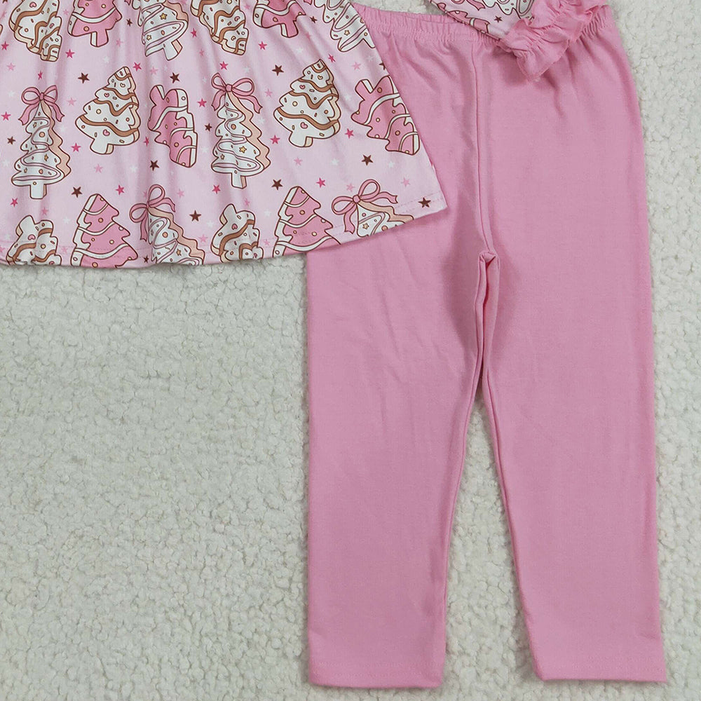 8.21 RTS NO MOQ (In stock)GLP2471 Baby Girls Winter Outfits Baby Girls Pink Christmas Trees Bows Tunic Legging Pant Clothes Set