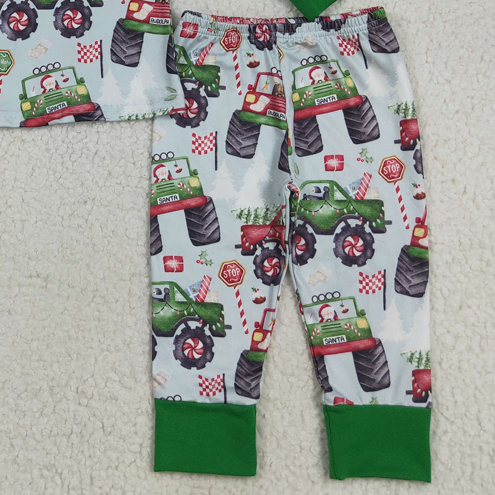 8.22 RTS NO MOQ (In stock)BLP1087 Baby Boys Winter Outfits Baby Boys Long Sleeves Trucks Trees Flags Top Pant Pajamas Set