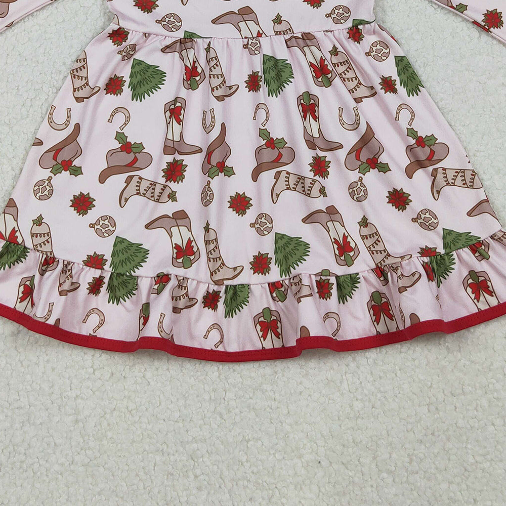 RTS NO MOQ (In stock)GLD1274 Baby Girls Winter Dress Boots Holly Christmas Ruffle Knee Length Dresses
