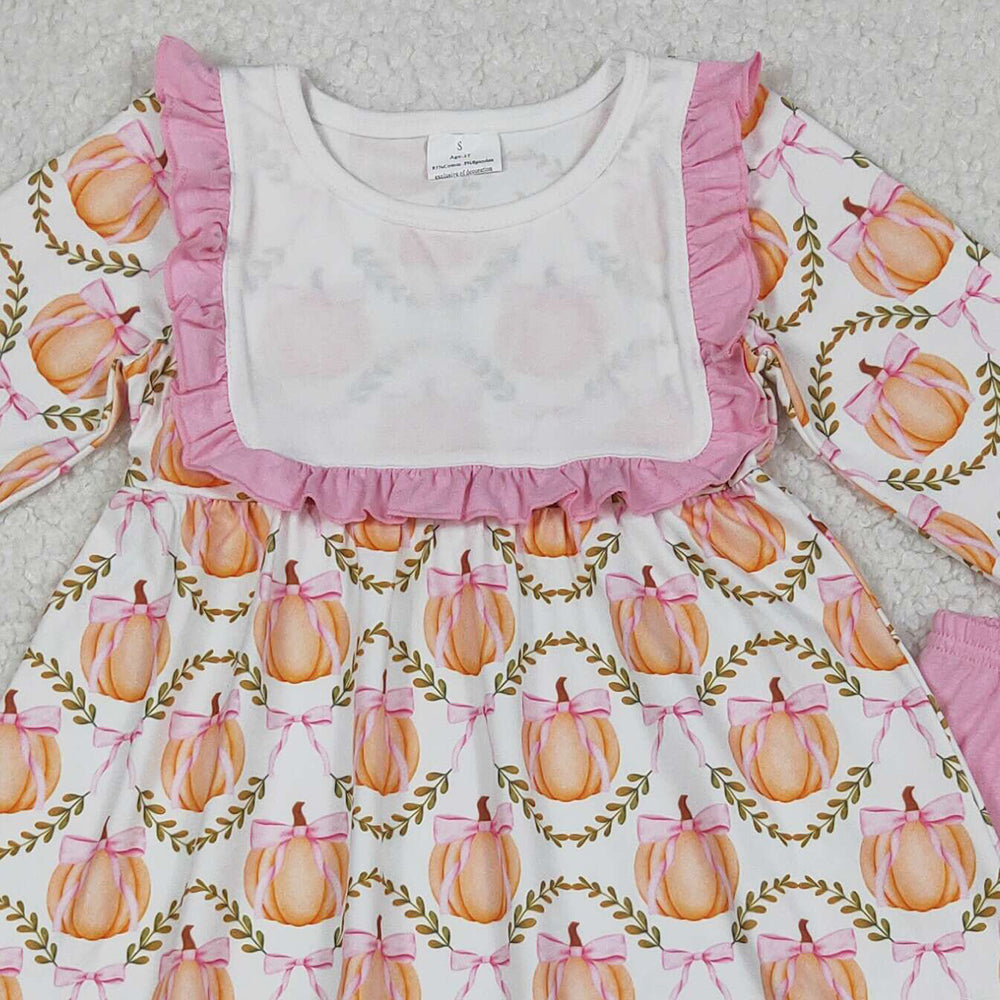 RTS NO MOQ (In stock)GLP2427 Baby Girls Winter Outfits Fall Pumpkins Bows Plaid Tunic Flame Pants Sets