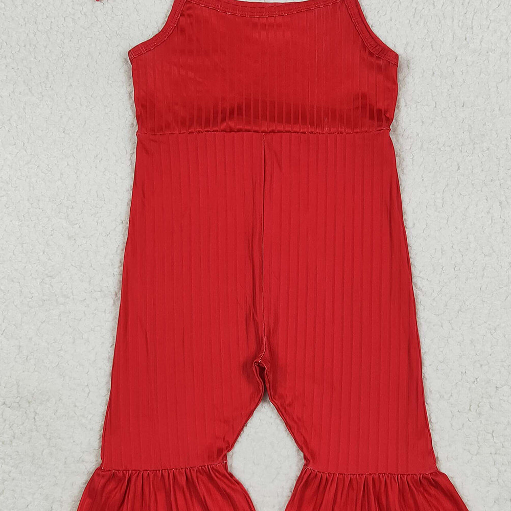 RTS NO MOQ (In stock)SR3163 Baby Girls Summer Jumpsuits Baby Girls Red Strap Bell Bottom Ribbed Jumpsuits