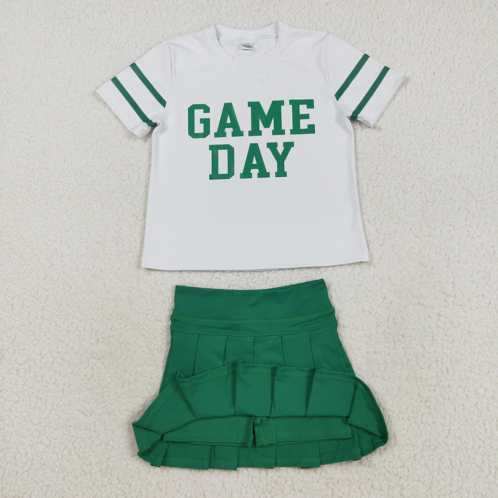 RTS NO MOQ (In stock)GT1103+GLK0126 Baby Girls Summer Outfits Baby Girls Green Game Day Yoga Avtive Team Tee Shirts Top Baby Girls Green Yoga Skorts Pleated Skirts Bottom Sets
