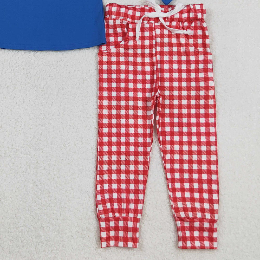 RTS NO MOQ (In stock)BLP1151 Baby Boys Winter Outfits Embroidery Christmas Candy Cane Print Long Sleeve Top with Pockets Red Plaid Pants Two-Piece Outfit Set