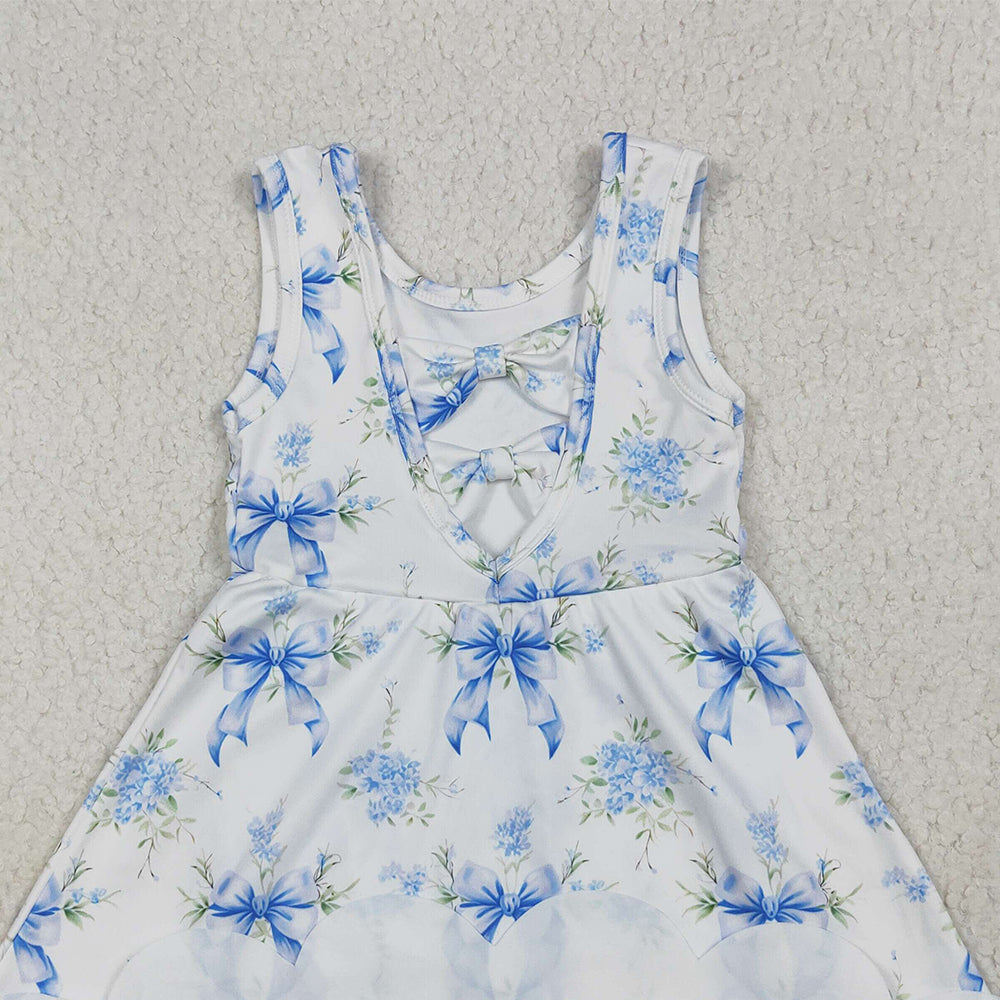 7.10 GSD2587RTS NO MOQ Baby Girls Summer Yoga Dress Baby Girls Blue Bows Floral Activity Wear Yoga Short Skort Knee Length Dresses