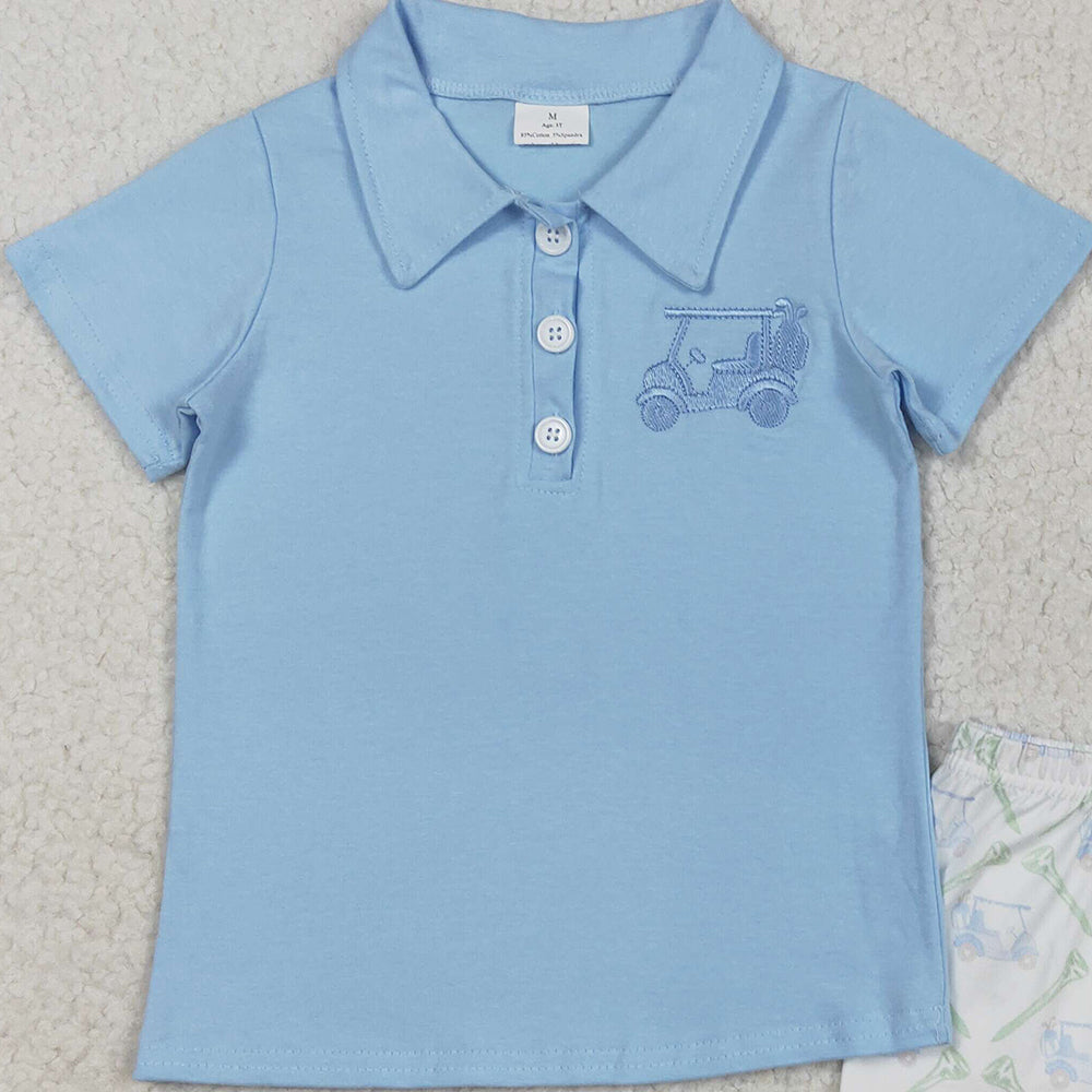 BSSO1494 RTS NO MOQ Baby Boys Summer Boys Outfits Embroidery Baby Boys Blue Short Sleeves Button Golf Top Pocket Short Set