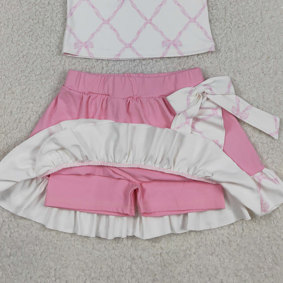 GSD3479 RTS NO MOQ (In stock )Sleeveless pink bow top ruffle skirt girls activewear set
