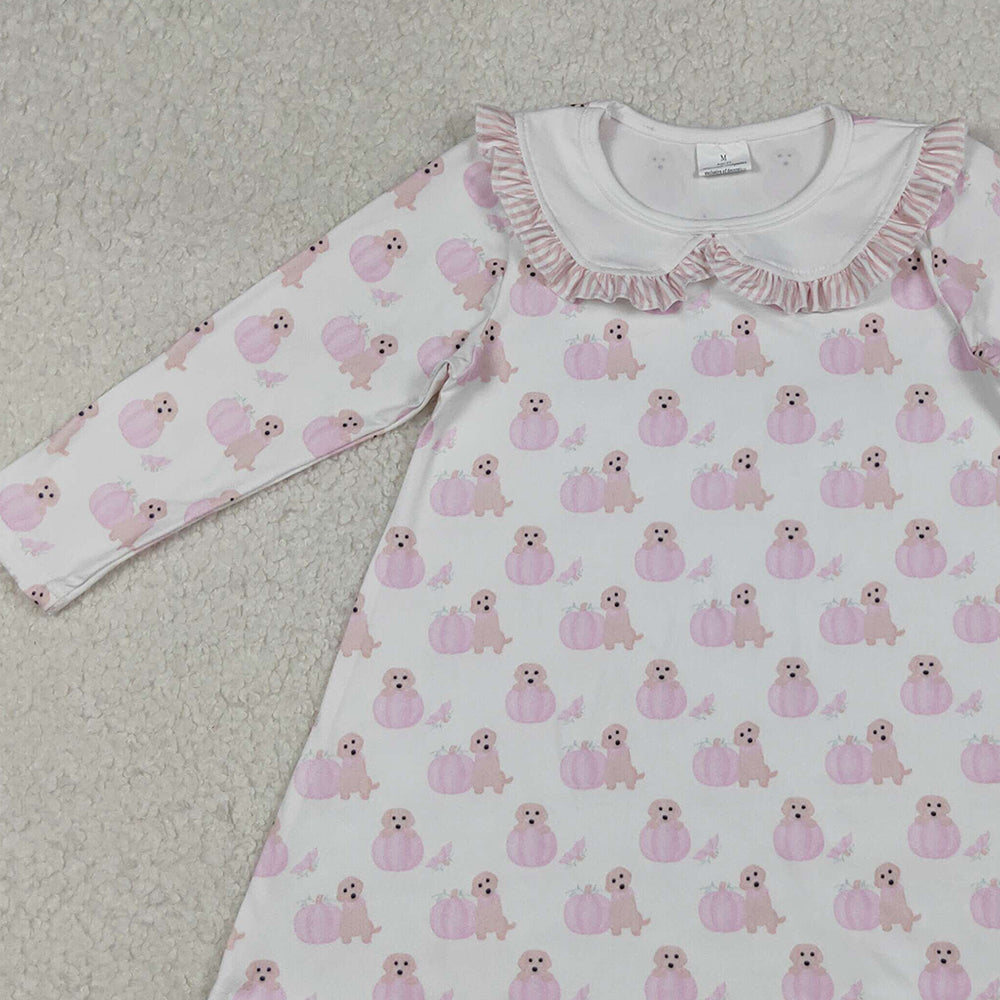 9.27 RTS NO MOQ (In stock)GLD1157 Baby Girls Winter Dress Baby Girls Pink Dog Pumpkins Fall Knee Length Dresses