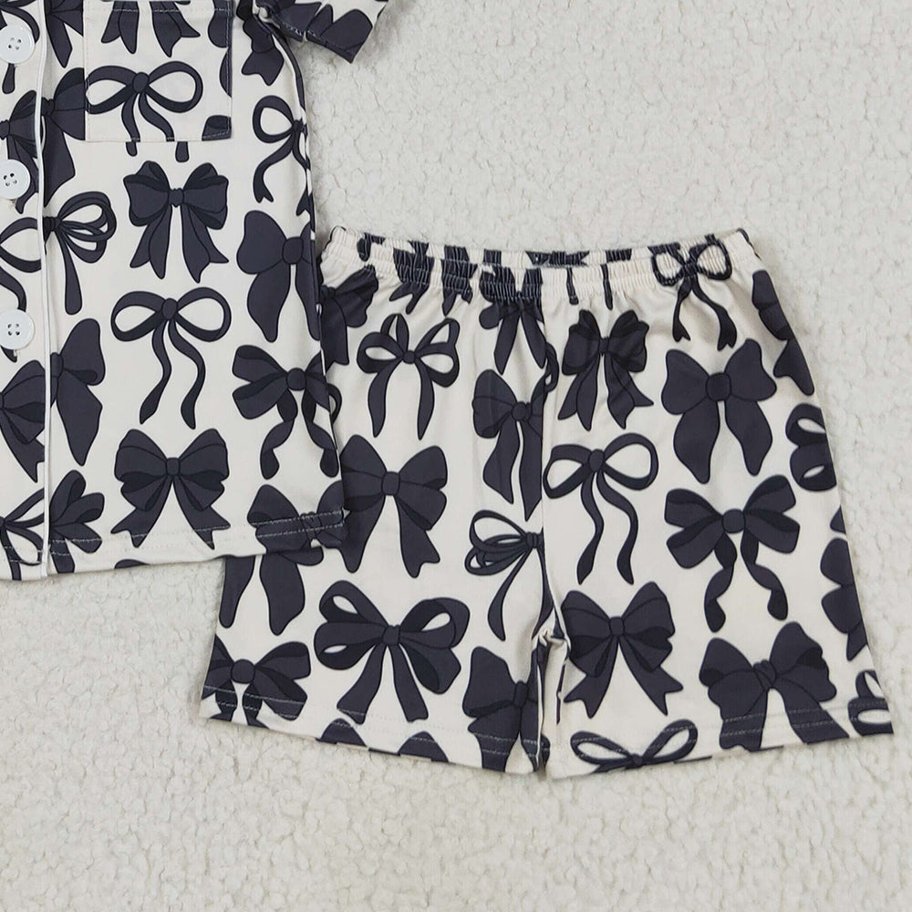8.15 GSSO2663 RTS NO MOQ Baby Girls Summer Pajamas Outfits Baby Girls Short Sleeves Black Bows Button Pocket Top Short Pajamas Set