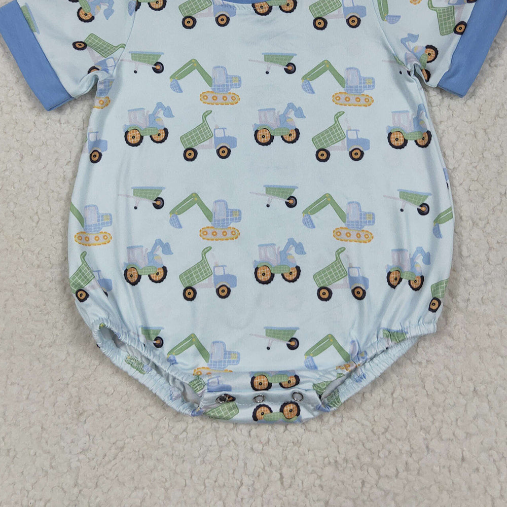SR3142 RTS NO MOQ Baby Boys Summer Rompers Baby Boys Short Sleeves Blue Excavators Plaid Rompers