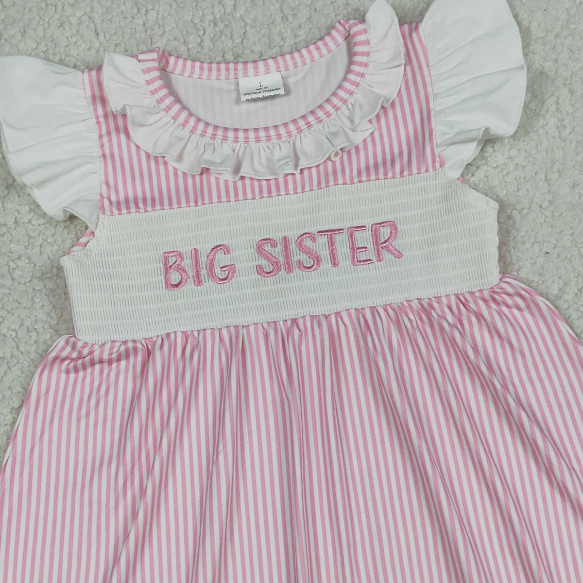 4.14 GSD3153 RTS NO MOQ (In stock)Flutter sleeves big sister smocked stripe girls dresses