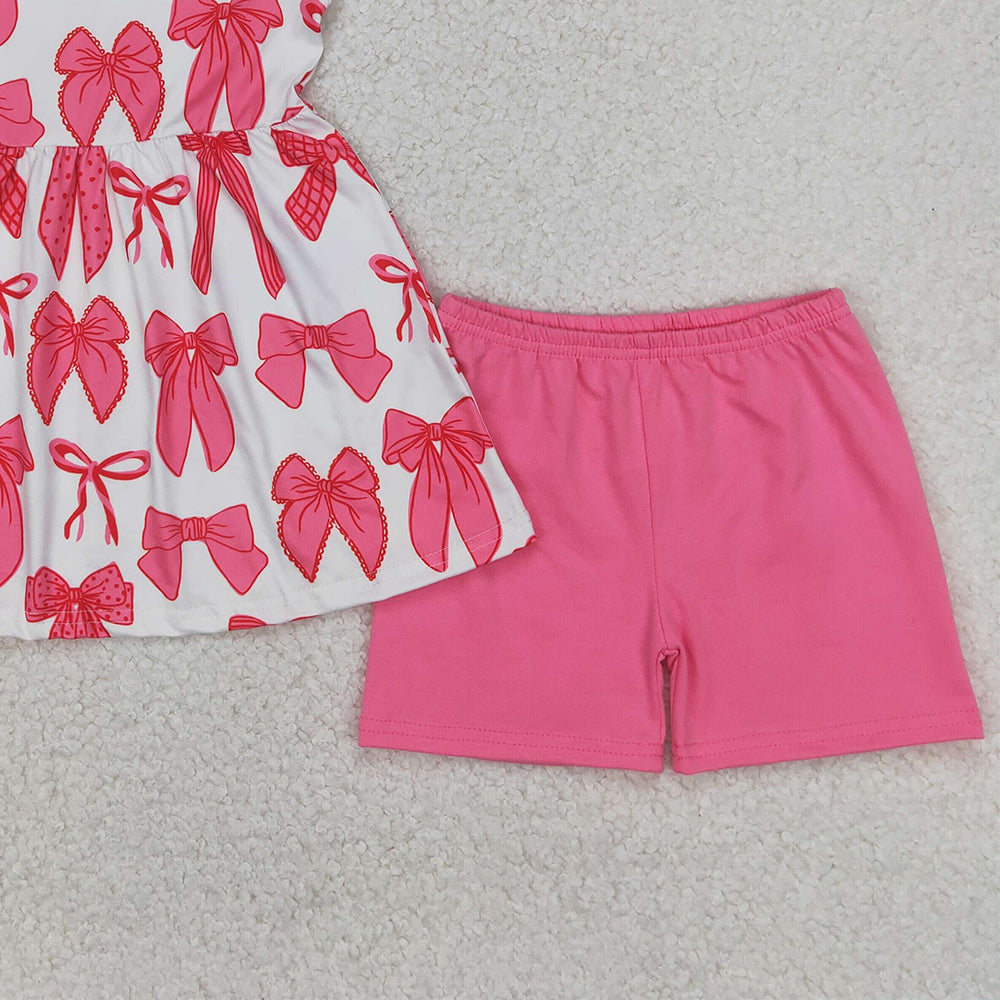 4.28 GSSO2450 RTS NO MOQ Baby Girls Summer Outfits Sleeveless pink bow tunic shorts girls summer clothes