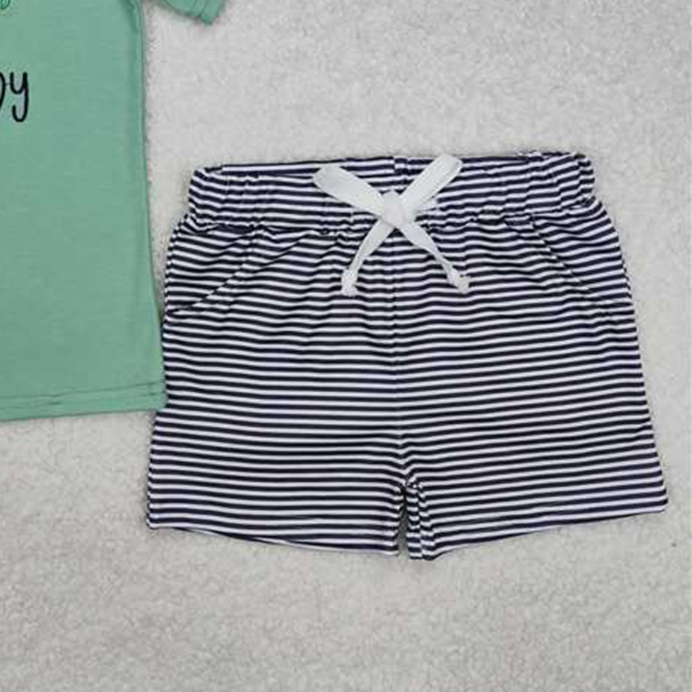 4.12 BSSO1147 RTS NO MOQ Baby Boys Embroidery Daddy's Fishing Stripe Shorts Set