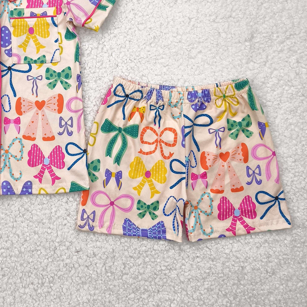 6.21 GSSO2487RTS NO MOQ Baby Girls Summer Pajamas Outfits Baby Girls Colorful Bows Button Pocket Top Short Pajamas Set