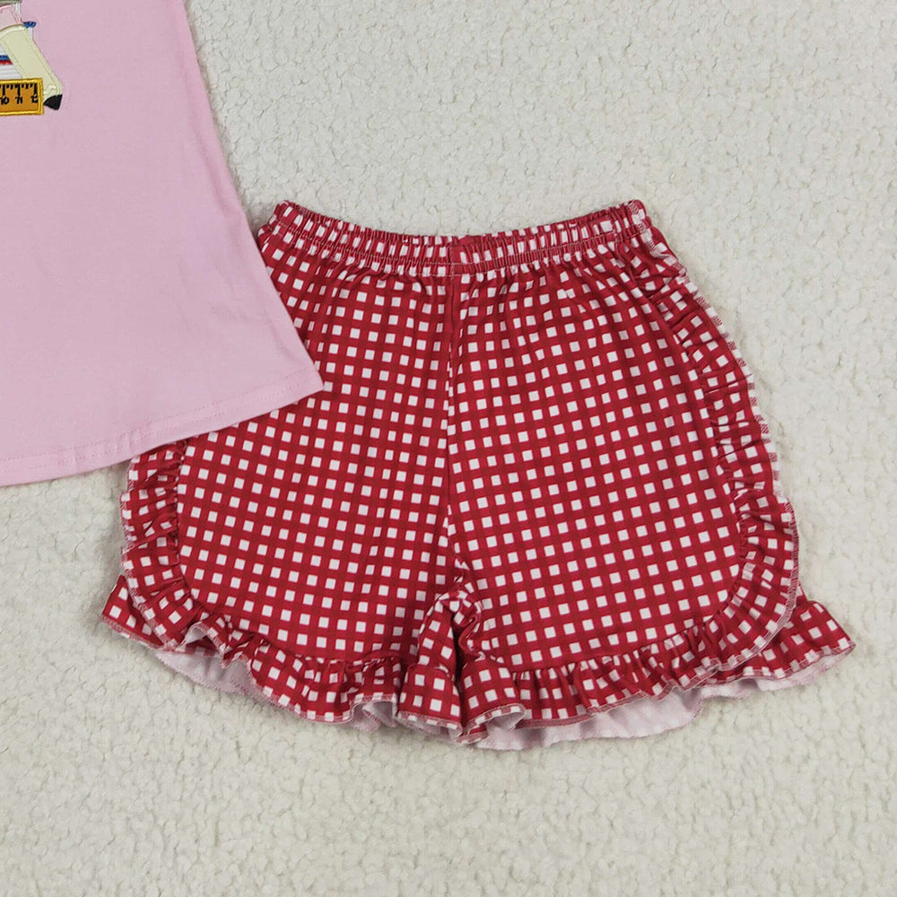 USA Shop (in stock)GSSO2069 RTS NO MOQ Baby Girls Summer Outfits Baby Girls Pink Sleeveless Apple Pencil Top Plaid Ruffle Shorts Set