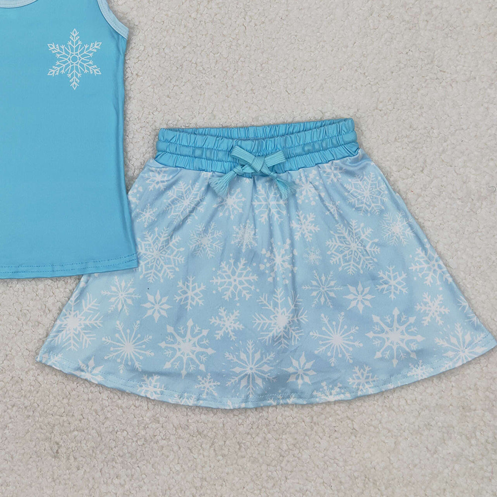 4.07 GSD2074 RTS NO MOQ Baby Girls Summer Outfits Light blue sleeveless snowflake top skirt princess girls clothes
