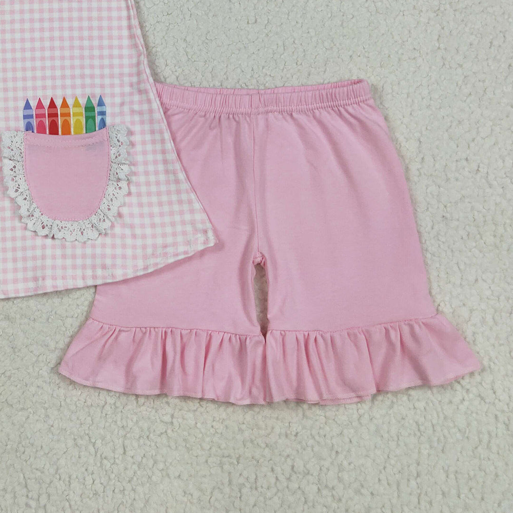 GSSO2388RTS NO MOQ Baby Girls Summer Outfits Girls Pink Plaid Crayon Top Short Set Back to School Outfit Ages 4-12 Years Old Children's Clothing Set