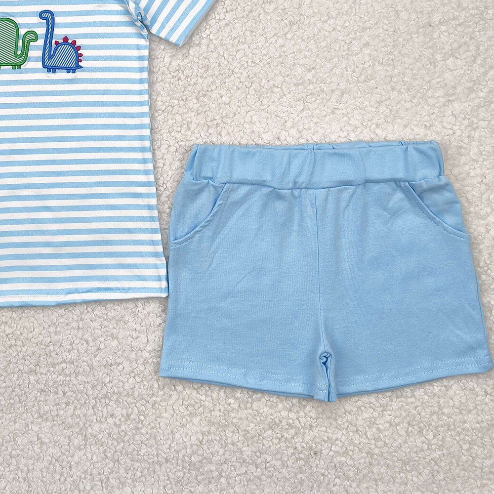 BSSO1375RTS NO MOQ Baby Boys Summer Boys Outfits Cute Light Blue Stripe Dinosaur Boys’ Top and Shorts Ensemble