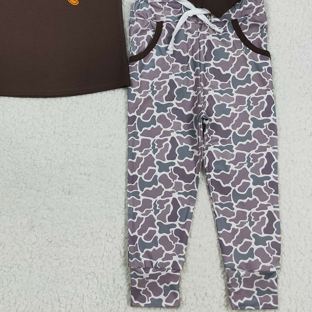 RTS NO MOQ (In stock)BLP1123 Baby Boys Winter Outfits Embroidery Baby Boys Brown Duck Top Camo Pocket Pant Sets