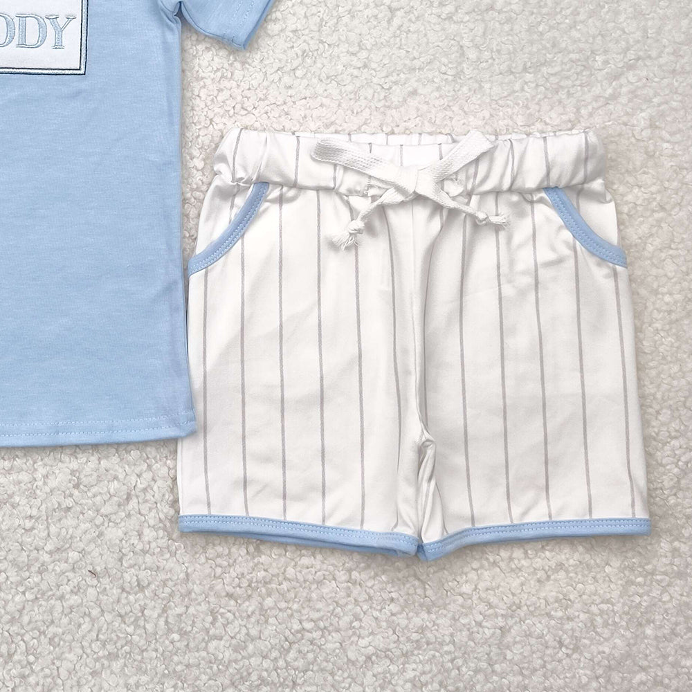 7.19 BSSO1434 RTS NO MOQ Baby Boys Summer Boys Outfits Embroidery Baby Boys Blue Short Sleeves I LOVE DADDY Top Stripe Pockets Short Set