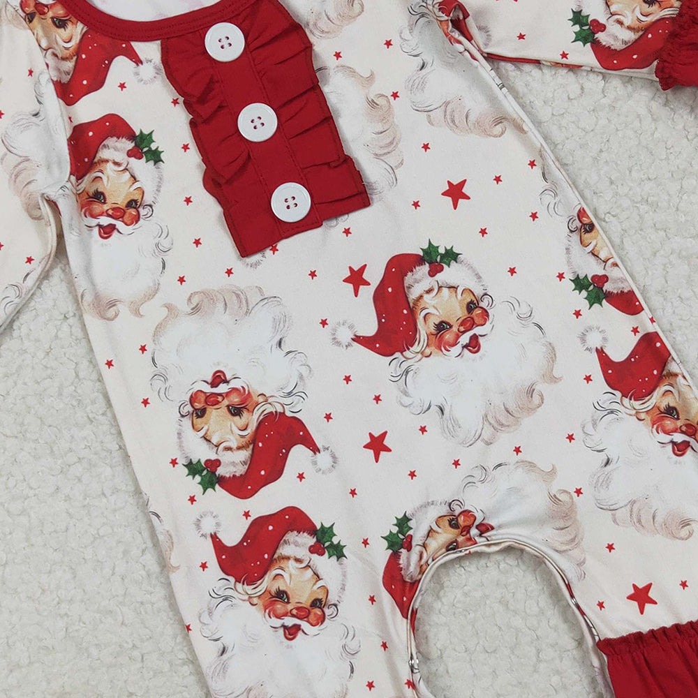 8.20 RTS NO MOQ (In stock)LR2395 Baby Girls Winter Rompers Baby Girls Christmas Long Sleeves Santa Stars Button Ruffle Rompers