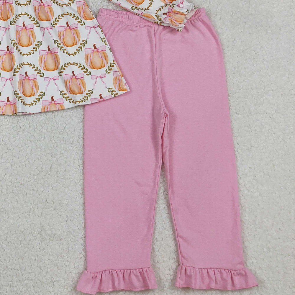 RTS NO MOQ (In stock)GLP2427 Baby Girls Winter Outfits Fall Pumpkins Bows Plaid Tunic Flame Pants Sets
