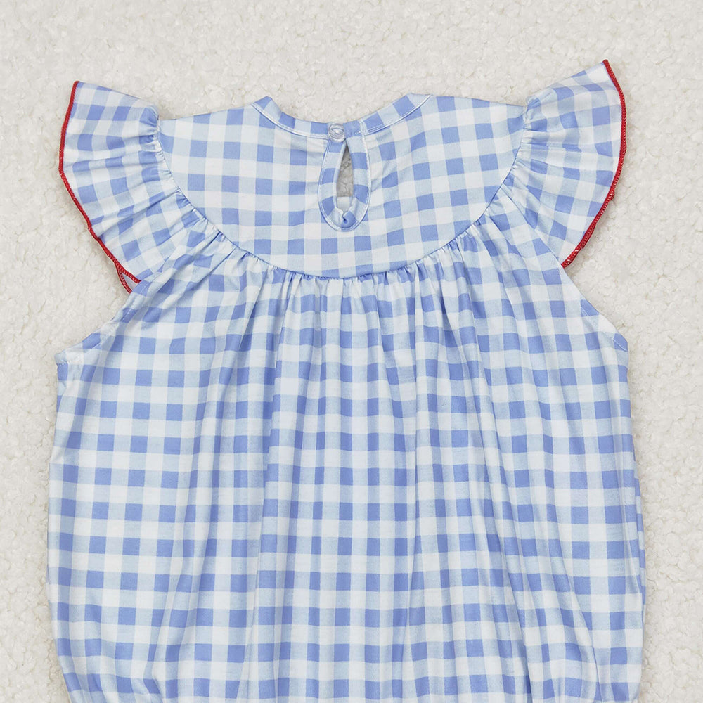 4.11 SR2571 RTS NO MOQ Light blue plaid flag smocked baby girls 4th of july romper