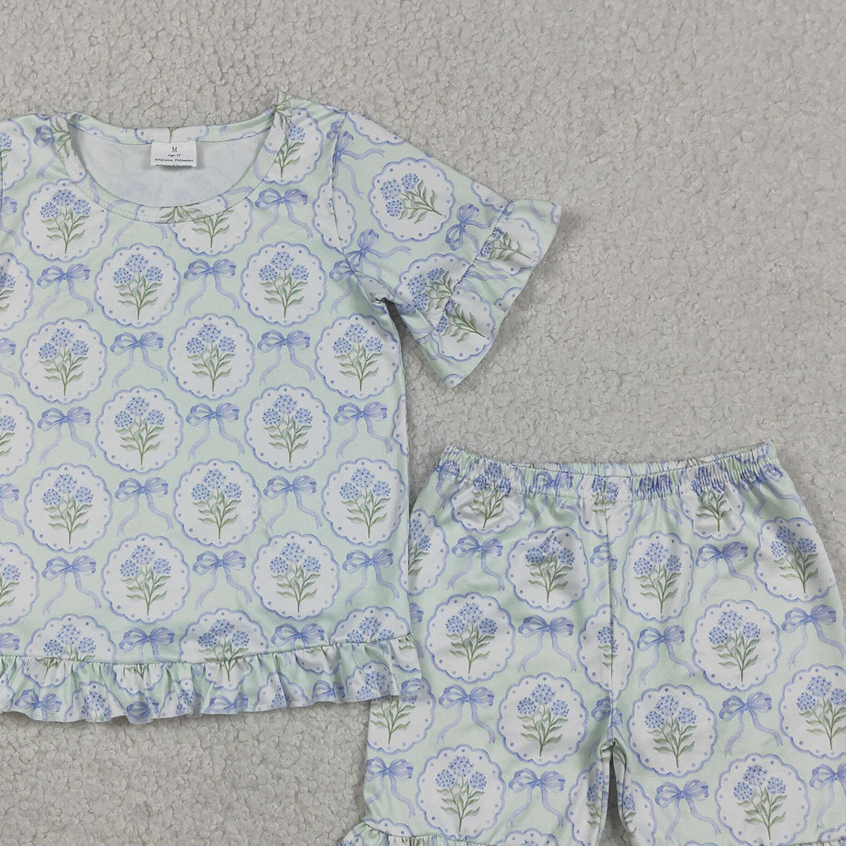 GSSO3323 RTS NO MOQ (In stock )Short sleeves floral bow ruffle top shorts girls outfits