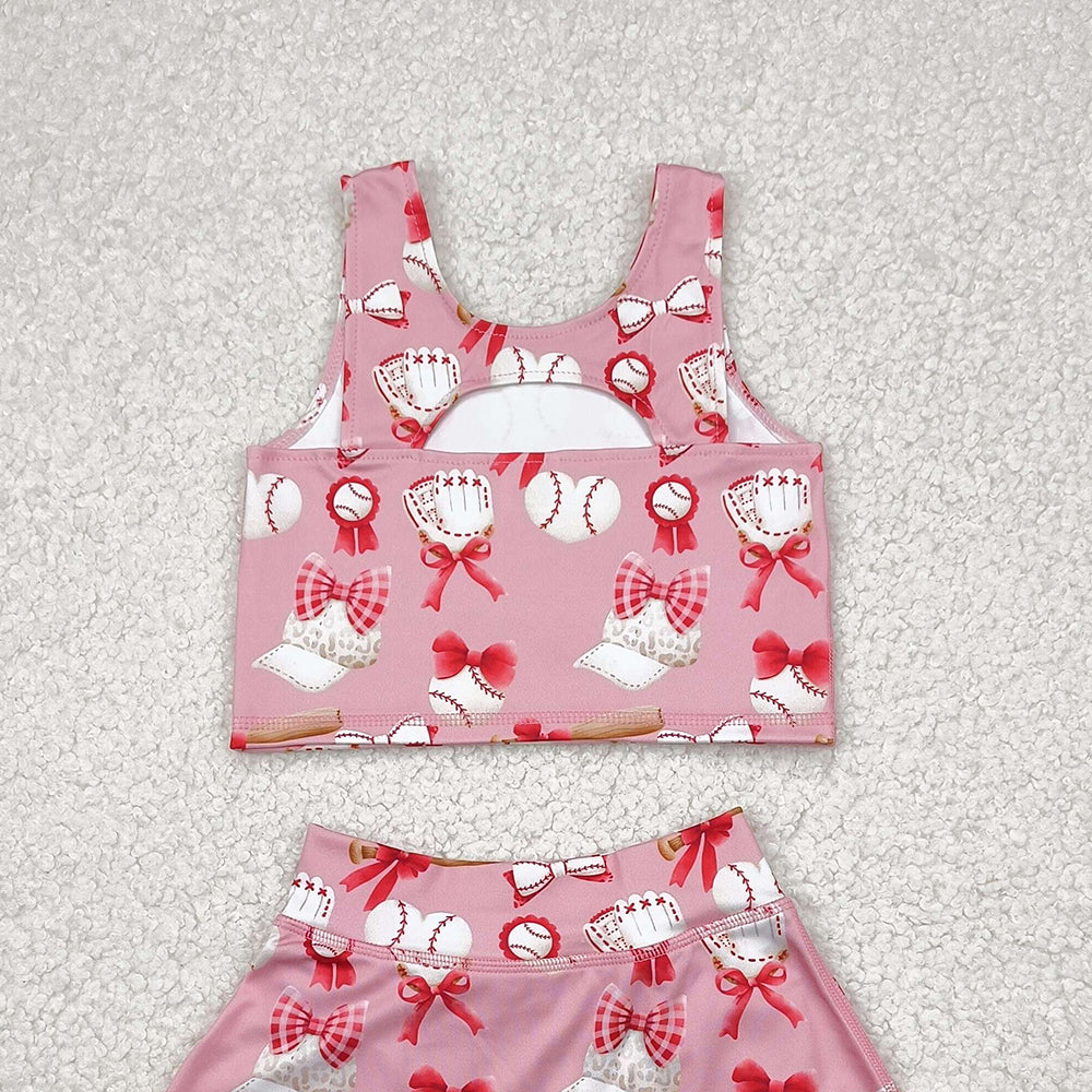 5.16 GSD2044 RTS NO MOQ Baby Girls Yoga Outfits Baby Girls Baseball Bows Athletic Active Wear Top Shorts Skirts Clothes Sets