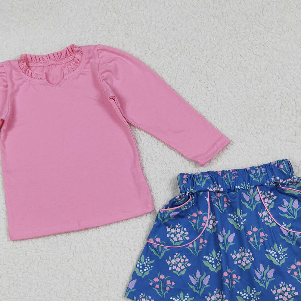 RTS NO MOQ (In stock)GLD1256 Baby Girls Skirt Sets Pink Long Sleeve Floral Top with Pockets for Girls Children's ClothingSet Skirt