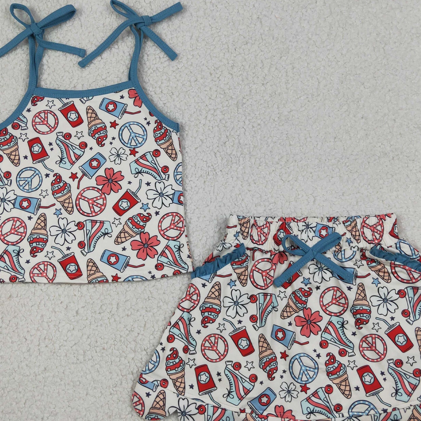 GSD3827 RTS NO MOQ (In stock)Straps floral ice cream top skirt girls 4th of july outfits