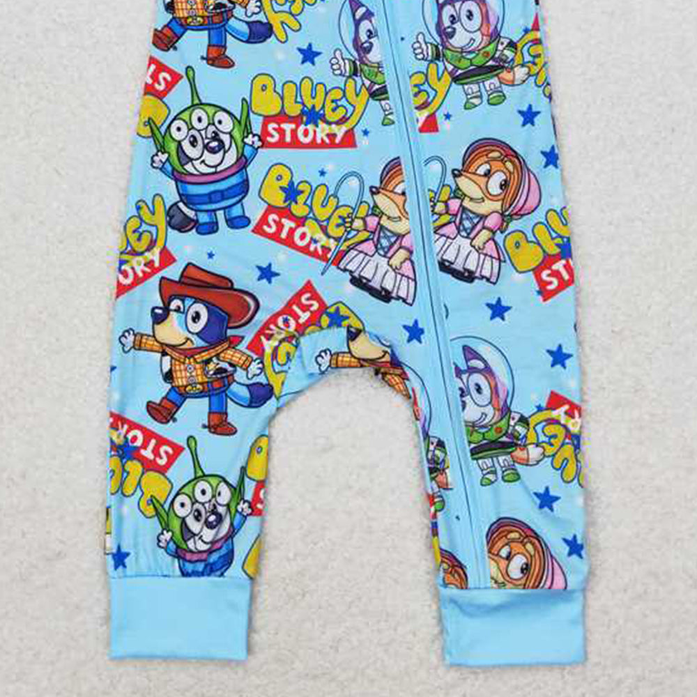 4.25 SR1723 RTS NO MOQ Short sleeves blue dog toy baby boy zipper romper