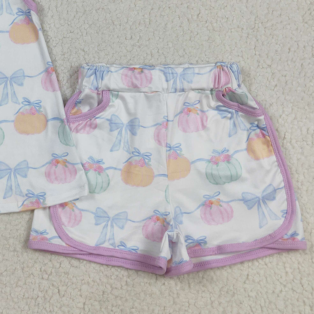 RTS NO MOQ (In stock)GSSO2668 Baby Girls Summer Outfits Baby Girls Bows Sleeveless Pumpkins Stripe Tunic Pockets Short Sets