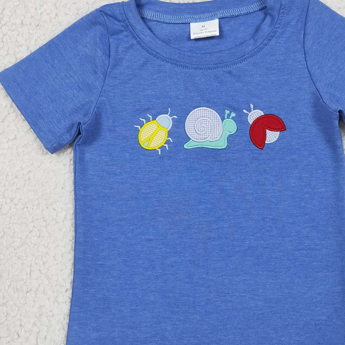 BT1725 RTS NO MOQ (In stock )Blue cotton short sleeves snail embroidery boys shirt