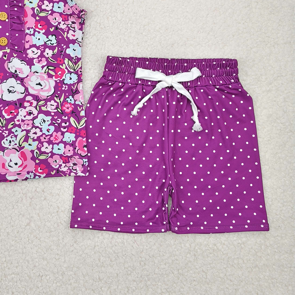 4.11 GSSO2358 RTS NO MOQ Baby Girls Summer Outfits Sleeveless purple floral top polka dots shorts girls clothes