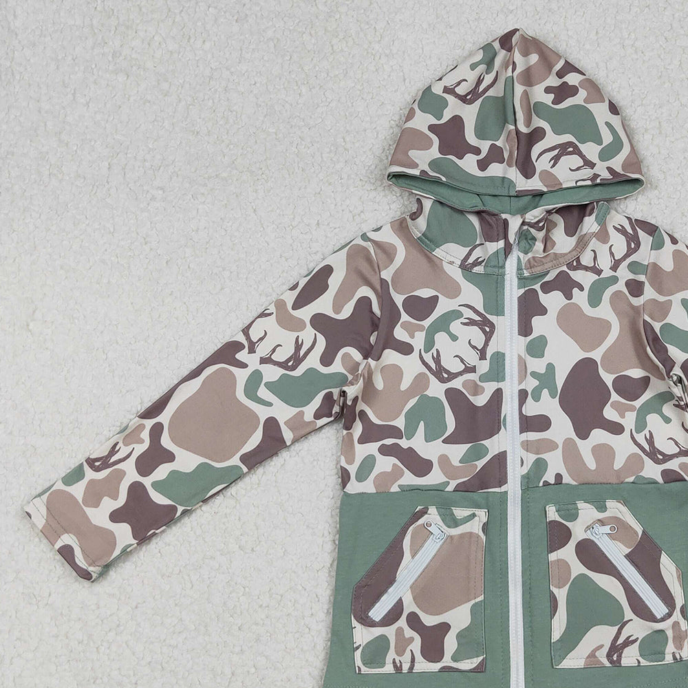 9.29 RTS NO MOQ (In stock)BT1335 Baby Boys Brown Deer Camo Pocket Zipper Western Hoodies Top