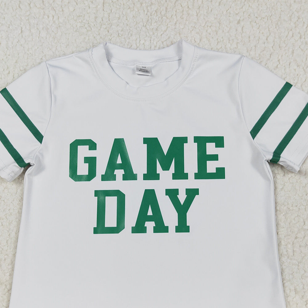 RTS NO MOQ (In stock)GT1103+GLK0126 Baby Girls Summer Outfits Baby Girls Green Game Day Yoga Avtive Team Tee Shirts Top Baby Girls Green Yoga Skorts Pleated Skirts Bottom Sets