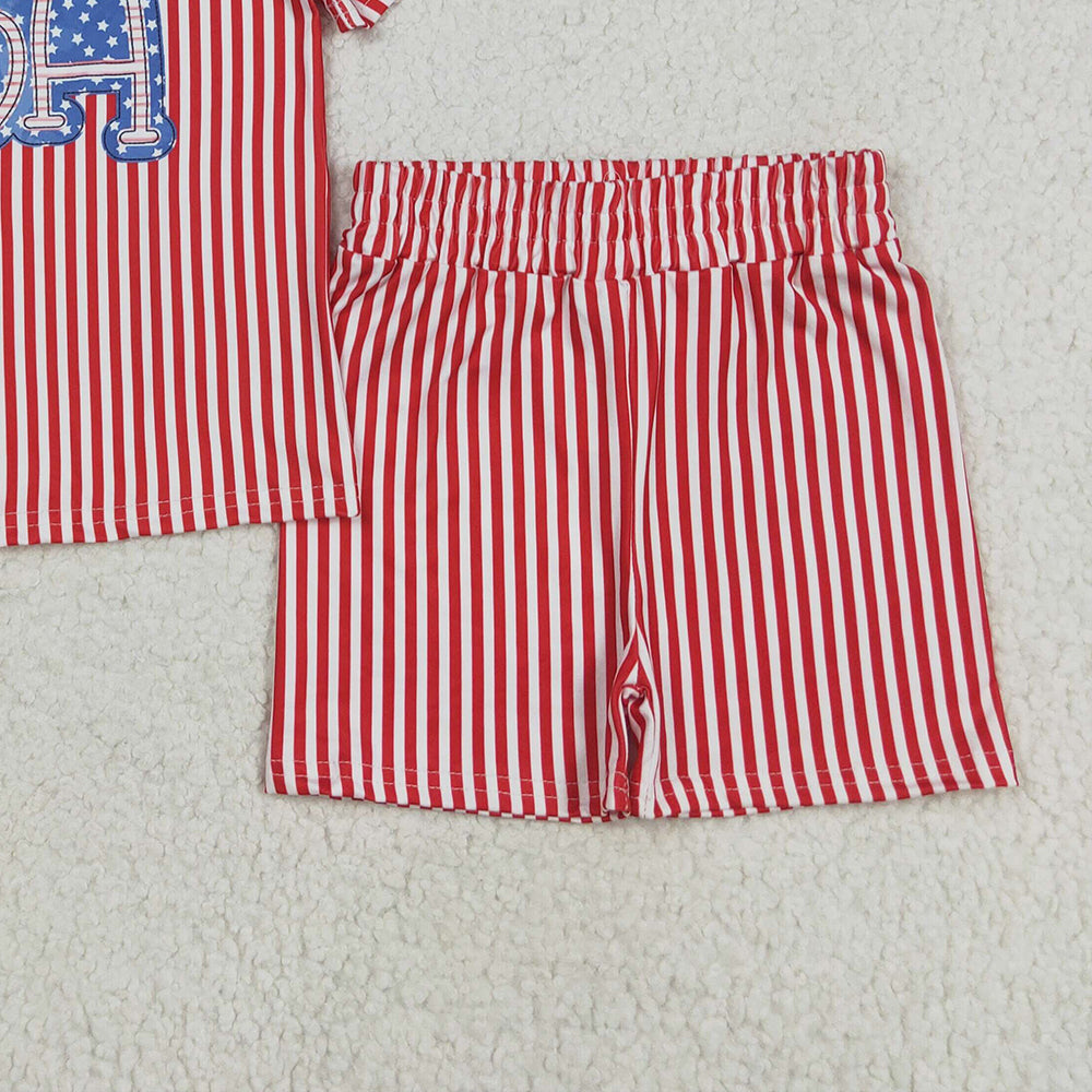7.02 GSSO2577 RTS NO MOQ Baby Girls Summer Outfits Baby Girls Red Stripe USA Top Short 4th Of July Pajamas Set