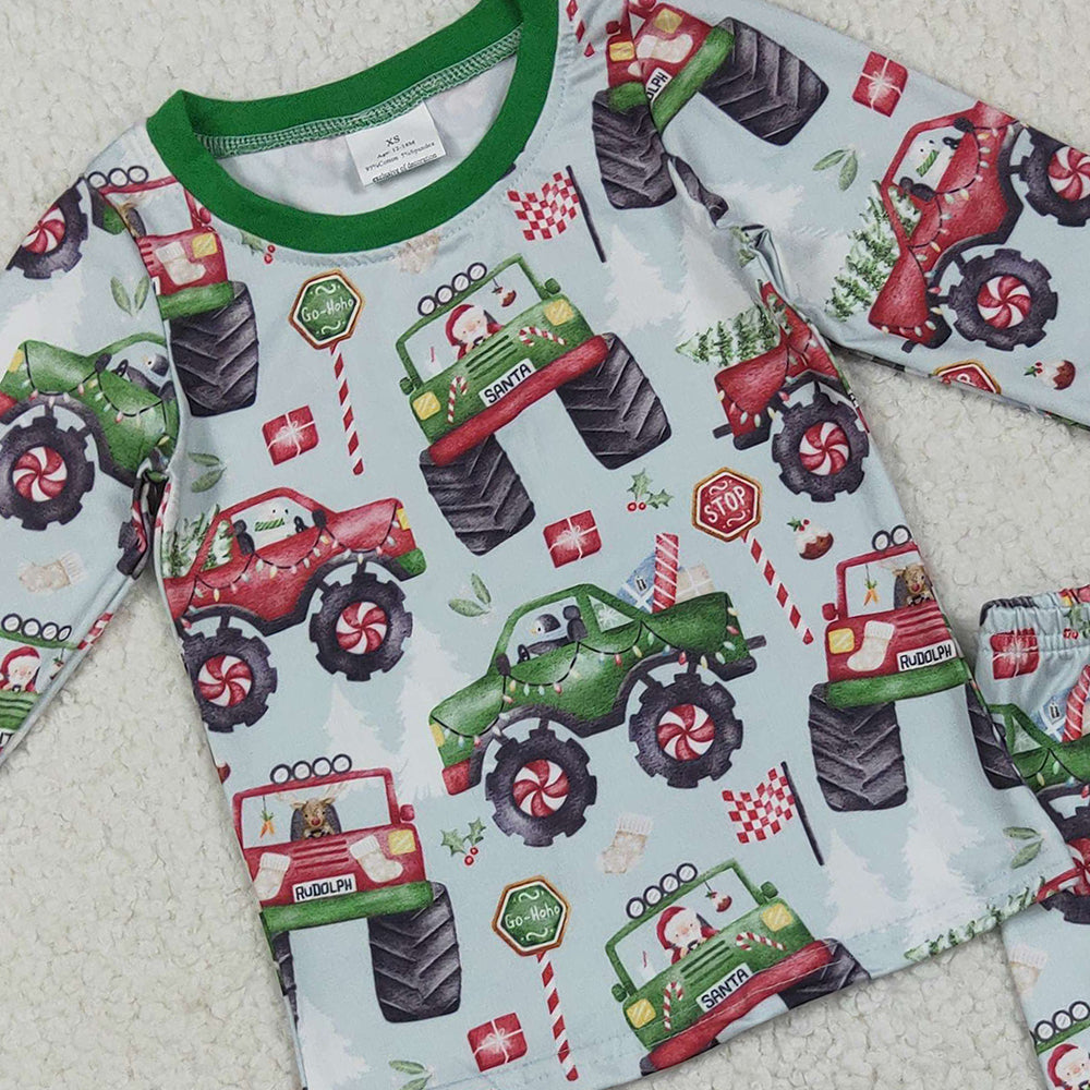 8.22 RTS NO MOQ (In stock)BLP1087 Baby Boys Winter Outfits Baby Boys Long Sleeves Trucks Trees Flags Top Pant Pajamas Set