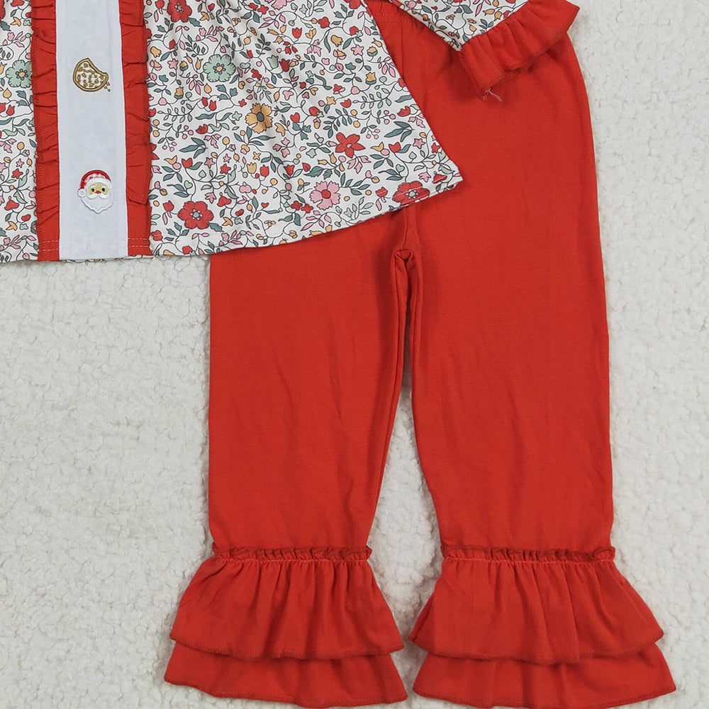 8.23 RTS NO MOQ (In stock)GLP2365 Baby Girls Winter Outfits Embroidery Santa Cookie Baby Girls Red Floral Tunic Ruffle Pants ChristmasSet