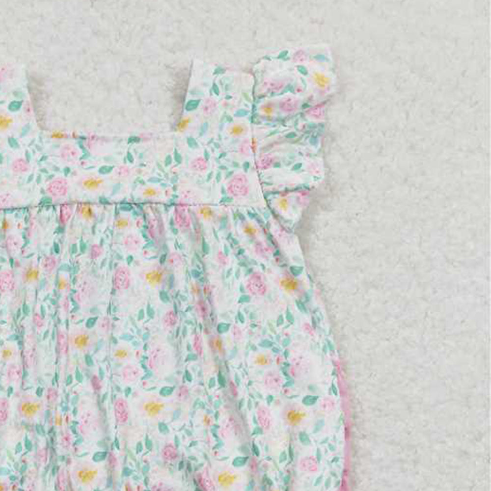 SR0805Pink Ruffle Floral Romper Baby Girls Summer Casual Outfit Soft Cotton Clothing for Little Girls Cute Infant Dress