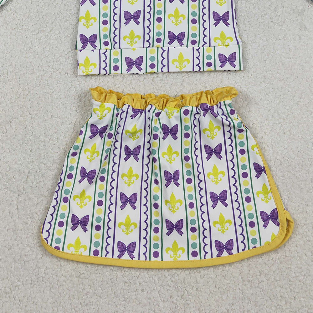 12.13 RTS NO MOQ (In stock)GLD1363 Baby Girls Mardigras Anchors Bows Stripe Zip Pullovers Skirt Shorts Yoga Active Clothes Set
